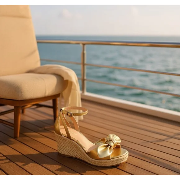 Kate Spade Tianna LEATHER Bow Strap Espadrille Wedge Platform Sandal 9.5 B GOLD - Picture 2 of 15